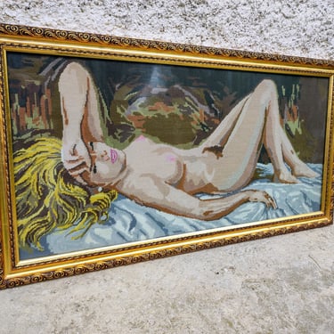 Vintage Framed Gobelin/ Framed Tapestry / Hand Embroidered Potrait Gobelin/Vintage Needlepoint / Embroidered Naked Woman / Wall Decor/ 80s 