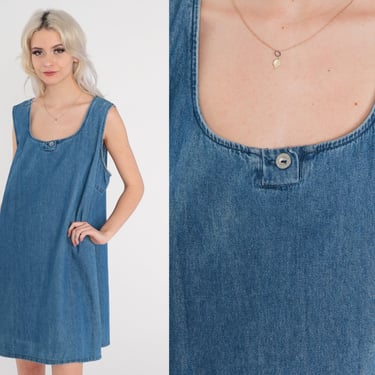 Jean Jumper Dress Y2k Blue Denim Overall Dress Retro Mini Pinafore Shift Sleeveless Smock Vintage 00s Faded Glory Large L 