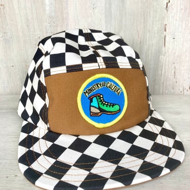 Handmade 5 Panel Camp Hat, Baseball Cap, Snap Back, 5panel hat, gift for him, Black and White Checkerboard, Hiking Boot Patch, gift 4 him 