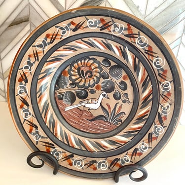 Vintage Mexican Tonala Pottery Plate, White Bird, Gray, Blue, Orange Flowers, Hanging Wall Plate, Mexico Retro Southwest Landscape Decor 