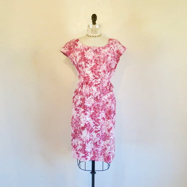 Vintage 1950's Pink and White Floral Print Cotton Pique Sheath Dress Waist Bows Rockabilly Spring Summer Margorie Montgomery 28" Waist S/M 