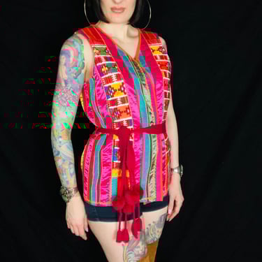 Vintage 1970's Rainbow Guatemalan Style Striped Patchwork Embroidered Festival Hippie Vest w/ Matching Belt & Fringe Pom Poms 