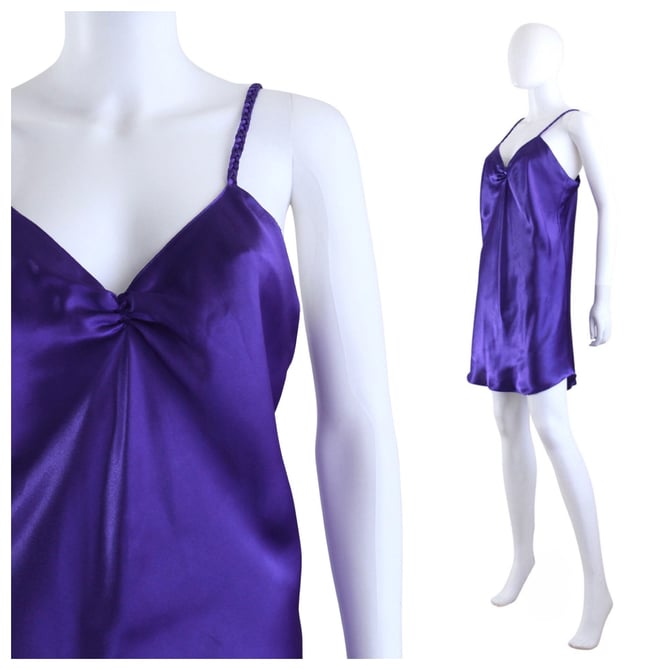 1990s Vibrant Purple Satin Slip Dress - 1990s Purple Satin Negligee - 1990s Purple Slip - Vintage Purple Slip - Purple Nightie | Size Medium 