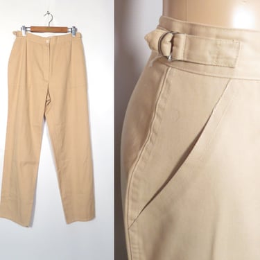 Vintage 70s Side Waist Cinch Buckle Khaki Straight Leg Trouser Pants Size 28 x 31 
