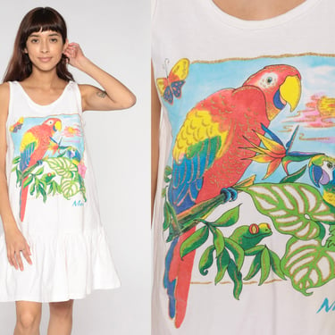 Hawaiian Tank Dress 90s Maui Hawaii Parrot Dress Animal Tropical Tshirt Dress Graphic Tshirt Dress 1990s Beach Cover Up Medium 