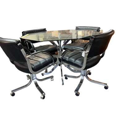 Mid Century Hexagonal Glass Table w 4 Black Leatherette Chairs on Castors EK221-279