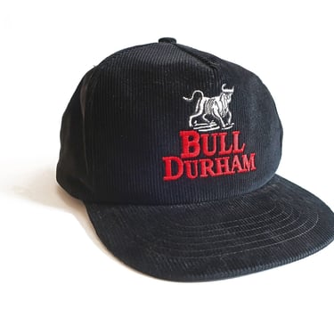 corduroy snapback / cigarette hat / 1990s Bull Durham black corduroy cigarette tobacco snapback hat cap 