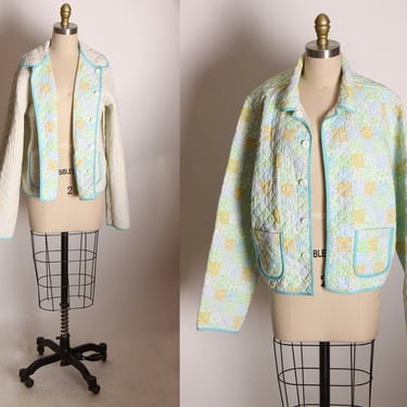 1980s 1990s Green, Yellow and White Floral and Striped Long Sleeve Button Up Pocketed Quilted Reversible Jacket -L 