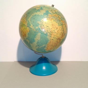 Vintage Large World Globe / Blue Pedestal / 80s Yugoslavia 