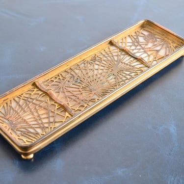 Tiffany Studios New York Pine Needle Pattern Bronze Doré and Slag Glass Pen Tray