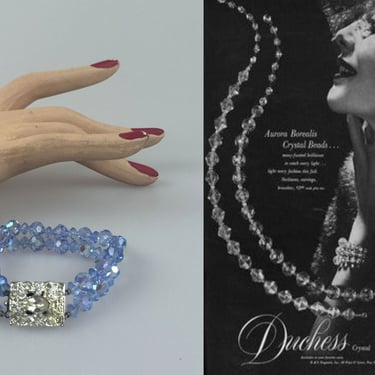 Be A Duchess - Vintage 1950s Soft Hyacinth Blue Aurora Borealis Coated Crystal Bead Bracelet w/Pave Closure 
