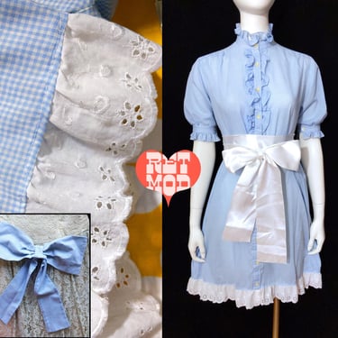 Cute Vintage Blue White Gingham Tent Dress with Ruffle Collar, White Satin Sash and Matching Hair Bow 