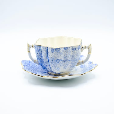 Antique Double-Handled Cup and Saucer Set with Gold Accents | Wileman & Co. Daisy Shape with Blue Jungle Print Design 