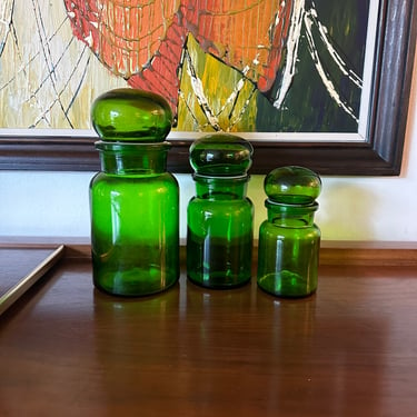 Set of 3 Vintage Green Apothecary Jars Made in Belgium 