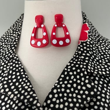 1980s Vintage Red & White Polka Dot Glam Dangle Modern Triangle Pierced Earrings 