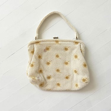 1960s Cream + Gold Beaded Top Handle Bag 