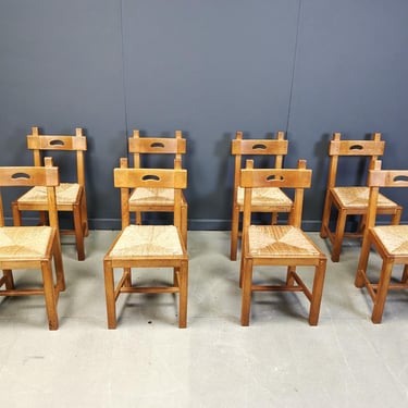 Vintage oak and wicker brutalist chairs, 1960s - set of 8  - vintage side chairs - wooden dining chairs - spanish brutalist chairs 