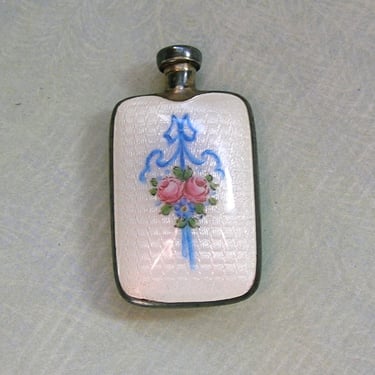 Antique Sterling and White Enamel Perfume Bottle, 1920's Silver Enamel Perfume Flask, Sterling and Enamel Floral Perfume Bottle (#4273) 