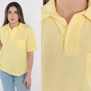 Yellow Polo Shirt 70s Button Up Shirt Short Sleeve Collared T-Shirt Retro Plain Basic Collar Preppy Solid Pastel Vintage 1970s Medium Large 