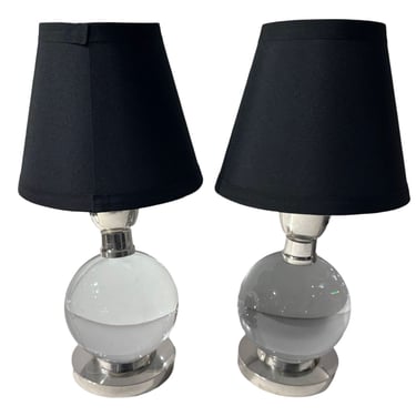 Jacques Adnet and Clear Baccarat Crystal Ball Metal Art Deco Table Lamps