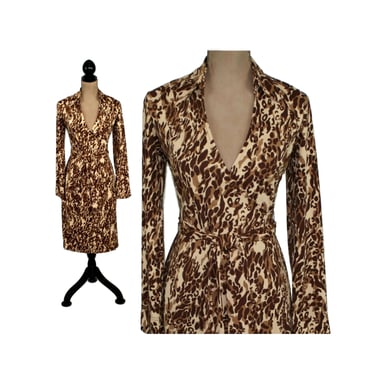 Extra Small - 90s Brown Animal Print Wrap Dress XS, Long Sleeve Fitted Midi Dress, Fall Collared V Neck, 1990s Clothes Women Vintage EXPRESS 