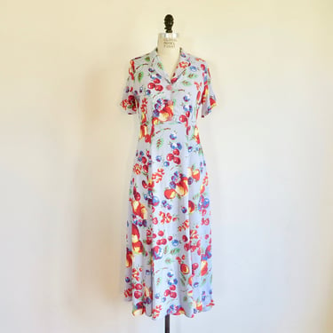 1940's Style Light Blue and Red Cherry Floral Print Rayon Day Dress Shirtwaist Style Short Sleeves Retro Rockabilly Loco Lindo Size XS/Small 