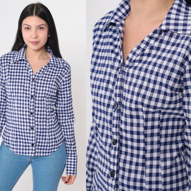 Blue Gingham Shirt 80s Plaid Top Checkered Blouse Long Sleeve Button Up 1980s Plaid Princess Seam Collared V Neck Vintage Small S 