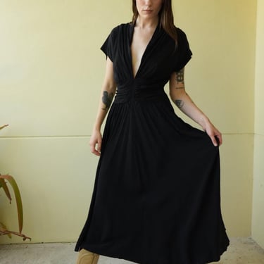 Forties Deep V Neck Dress / Swingy Holiday Party Dress in Black / Plunging Neckline and Nipped Waist 