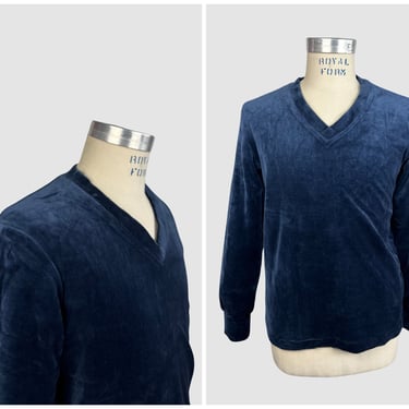MARTINI Vintage 70s Deadstock Blue Cotton Velour Sweater | 1970s Dead Stock  Shirt Top | Hippie  Disco Streetwear | Mens Size Small 