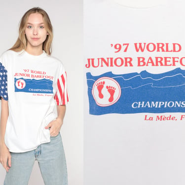 90s Water Skiing Shirt 1997 World Junior Barefoot Championship TShirt Retro Sports La Mede France Graphic Tee Vintage Single Stich Large L 