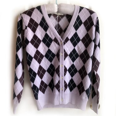CASHMERE Cardigan Sweater Pringle of Scotland Lavender Argyle, NEW With TAGS, Large Size, Vintage 1980's, 1990's, Princess Of Scotland 