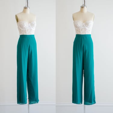 high waisted pants 90s y2k vintage teal green chiffon wide leg pants 