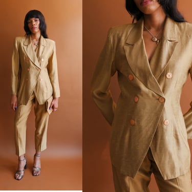 Vintage 80s Gold Pant Suit/ 1980s Two Piece Brown Blazer and Pants Set/ Size Medium 