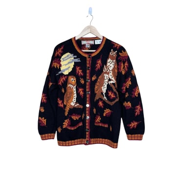 Vintage Cardigan Bay Hand Knit Owl Fall Autumn Novelty Cardigan Sweater, Size L 