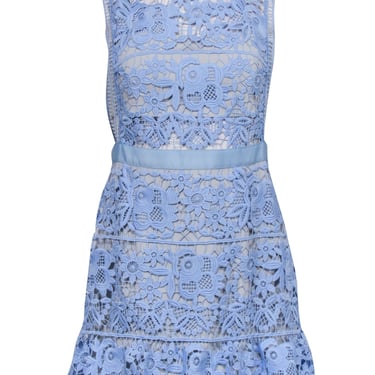 Self-Portrait - Powder Blue Floral Lace Overlay Dress w/ Grey Lining &amp; Side Cutouts Sz 8