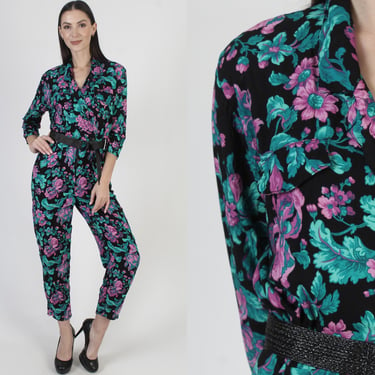 80s One Piece Floral Playsuit, Womens Black Cigarette Pant Suit, Skinny Leg Jumpsuit With Pockets 