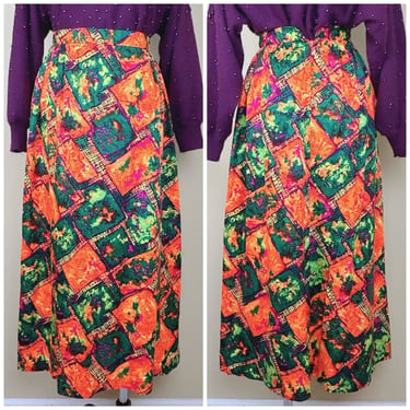 1970s Vintage Orange and Green Psychedelic Maxi Skirt / 70s / Seventies Abstract High Waisted Cotton Skirt / Size Small 