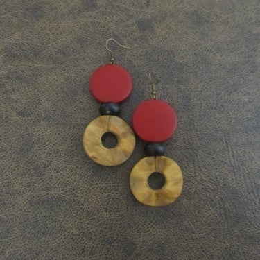 Large wooden earrings, Afrocentric African earrings, bold statement earrings, geometric earrings, rustic bronze earrings, mid century, red 