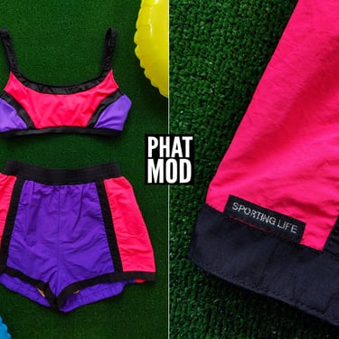 Vintage 80s 2-Piece Shorts Swimwear with Neon Pink Purple & Black Color Blocking 