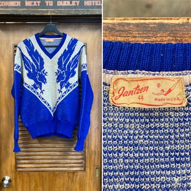 Vintage 1940’s “Jantzen” Eagle Hawk Wool V-Neck Rockabilly Workwear Sweater, 40’s Knit Sweater, Vintage Clothing 