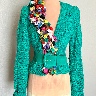 Chunky Crochet Cardi, Ribbons Trim, Sweater Cardigan, Cropped, Teal Green, Belt Included 