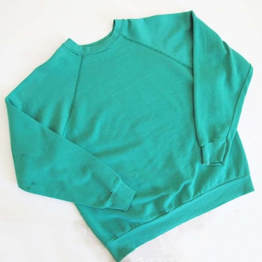 Vintage 80s Teal Green Raglan Sweatshirt S M - 1980s Solid Color Gender Neutral Crewneck Sweatshirt 