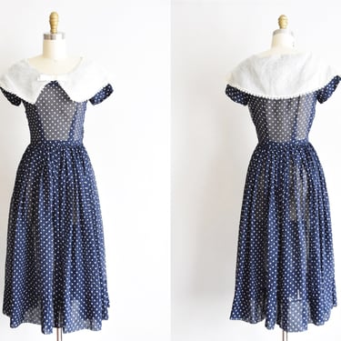 1950s Jerry's Girl dress/ vintage 1950s polka dot dress/ navy cotton full skirt dress 