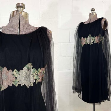 Vintage Black Party Dress 60s Cocktail Sheer Cape Sleeveless New Year's Eve Goth Vamp Wiggle 50s Draper Holly Golightly Anita Modes Small 