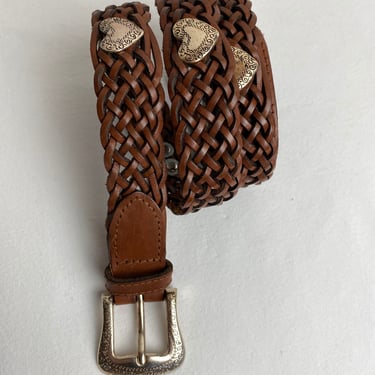 90’s woven brown Leather belt Fossil silver hearts braided leather belt slim thin skinny boho trouser belt~ 31”-33” w 