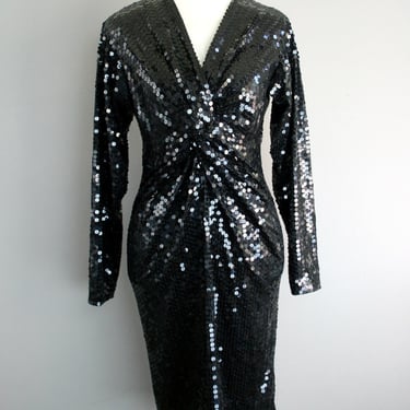 1990s, Flattering, Black Sequin, Cocktail Dress,"Throw'n Shade" Wiggle Dress, Size 4 - by Nite Line 