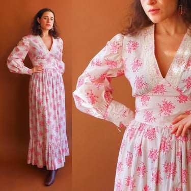 Vintage 70s Floral Prairie Dress/ 1970s Long Sleeve Cotton Dress/ Size Medium 30 