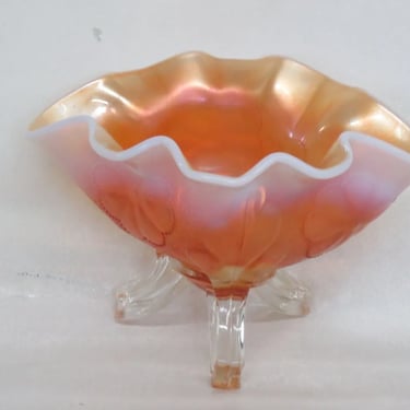 Dugan Style Marigold Carnival Glass Floral Footed Candy Dish Serving Bowl 3293B