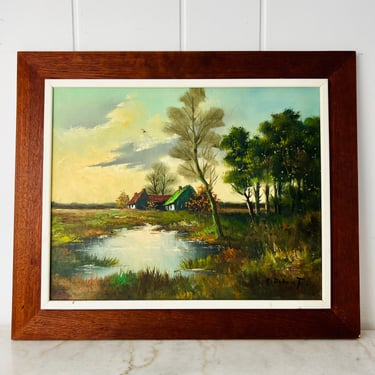 Vintage Oil Painting, Signed Original by Flemish Artist Andries Debeuf (1912-2002) Cottage at Sunset, landscape, framed, collectible, gift 