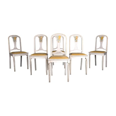 1930s French Art Deco Painted Dining Chairs W/ Golden Yellow Velvet - Set of 6 